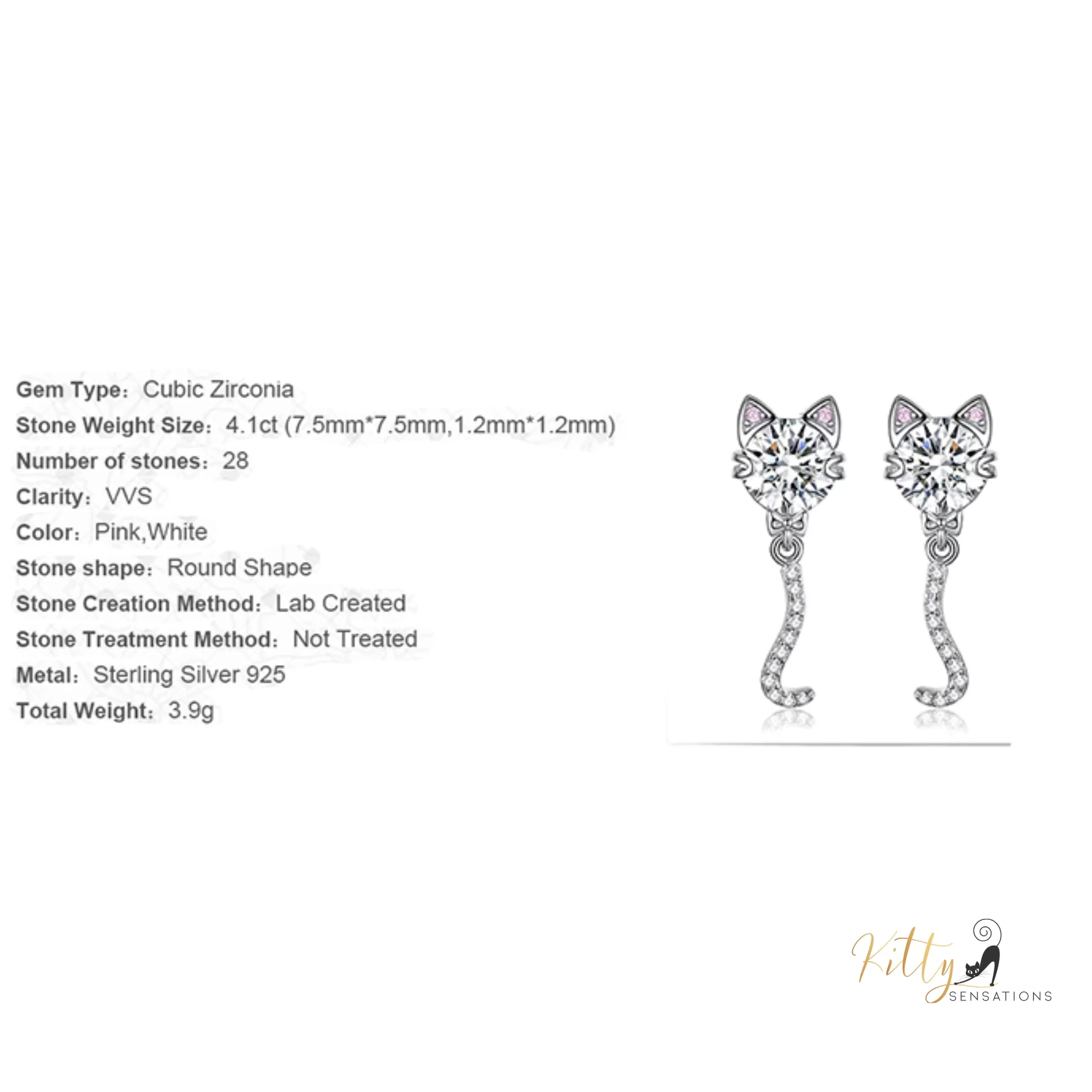 Classy Sparkling CZ Kitty Earrings (Fine Jewelry) in Solid 925 Sterling Silver