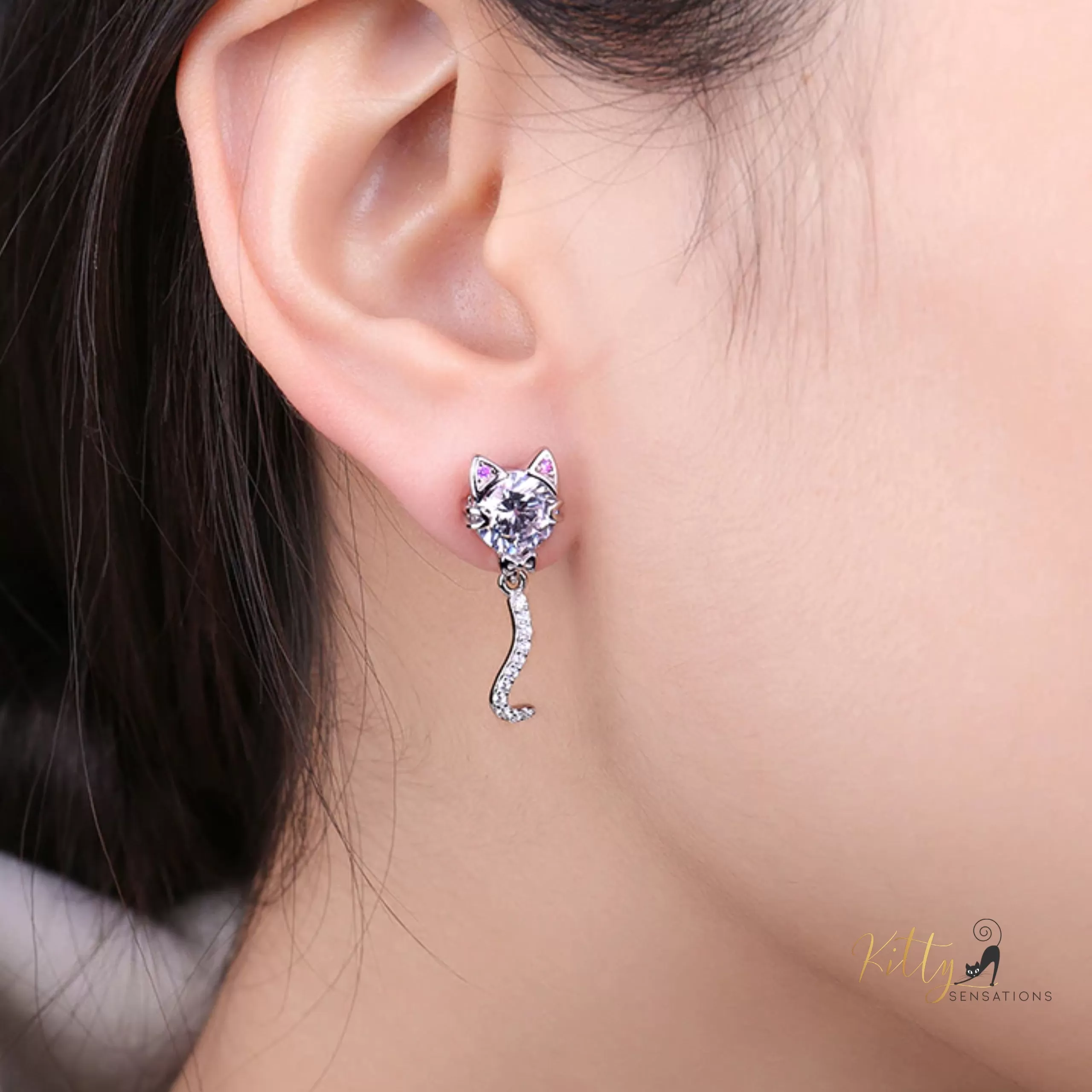 Classy Sparkling CZ Kitty Earrings (Fine Jewelry) in Solid 925 Sterling Silver