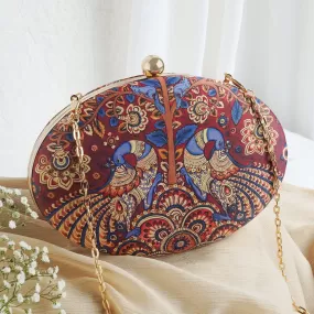 Crimson Carnival Maroon Blue and Gold Printed Clutch