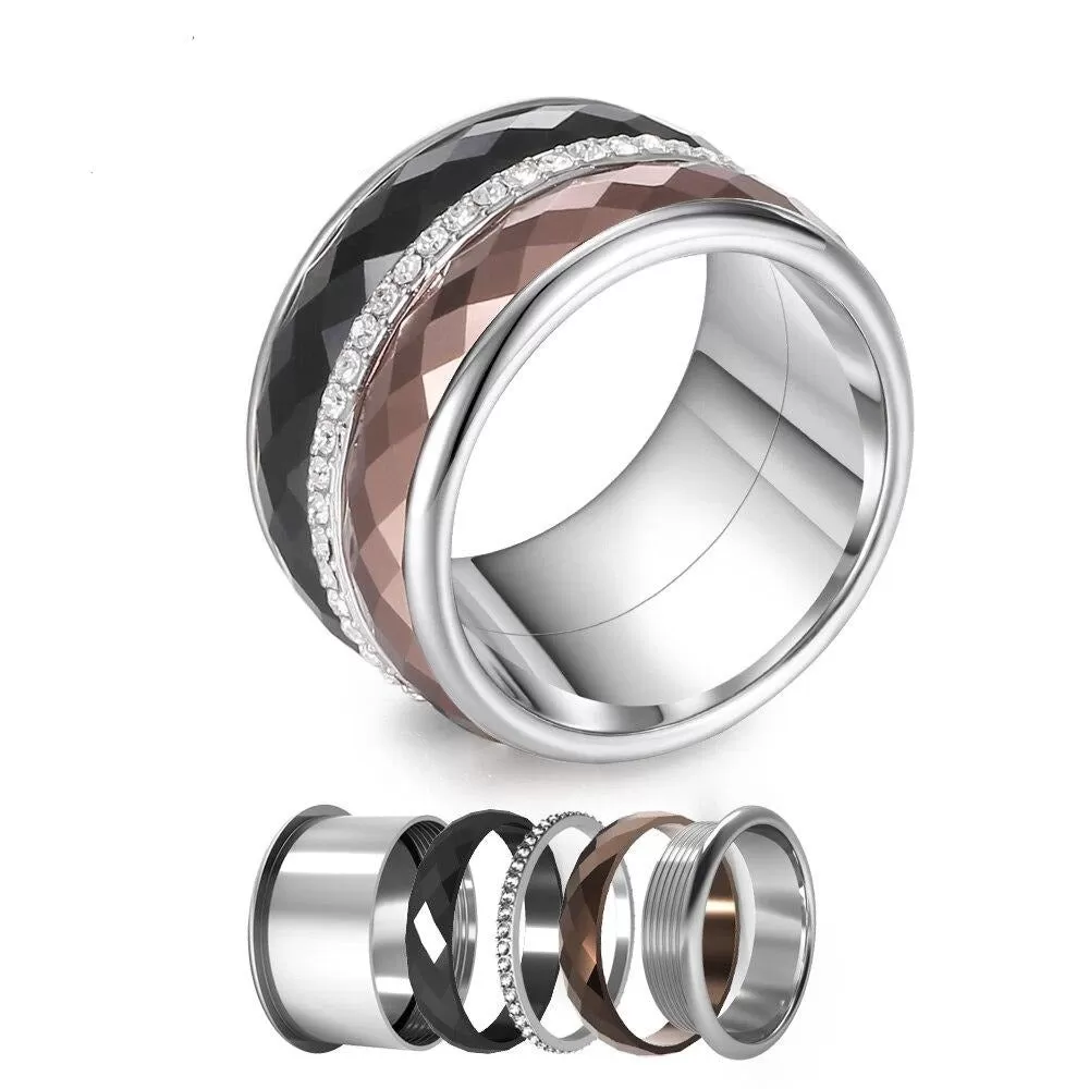 Cubic Zirconia Stainless Steel, Aluminum, and Stackable, Rotatable, and Interchangeable Wedding Ring