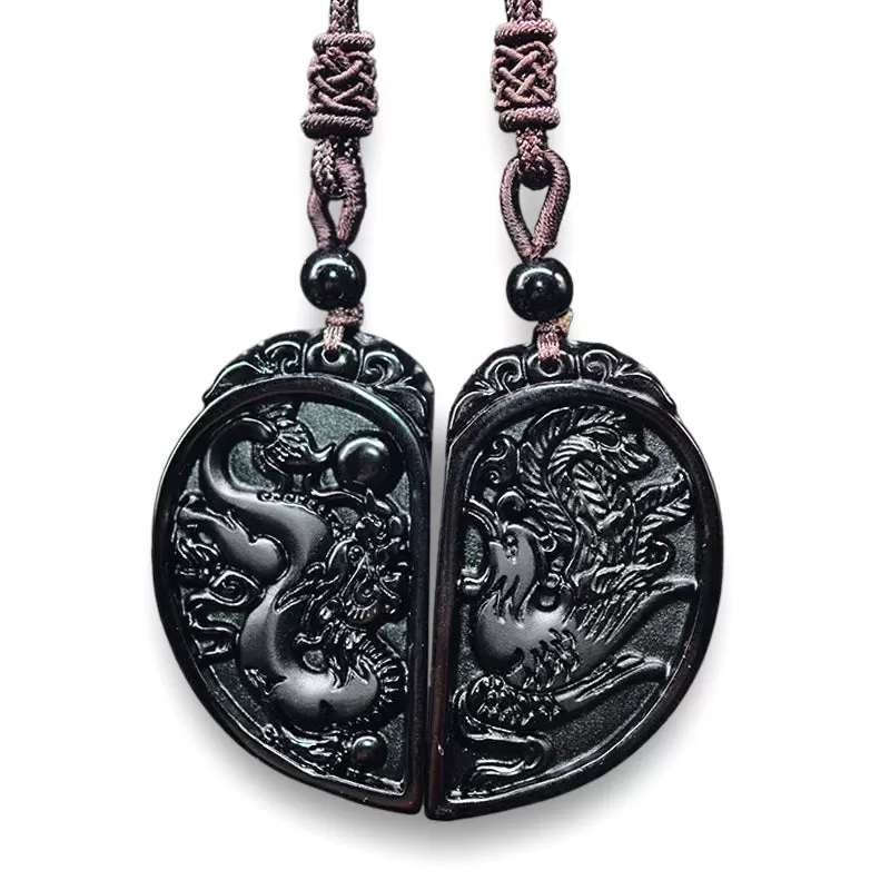 Dragon Phoenix Pendant Yin Yang Obsidian 2 Necklaces Couple Set