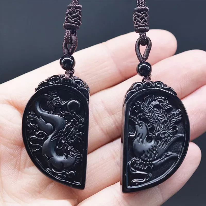 Dragon Phoenix Pendant Yin Yang Obsidian 2 Necklaces Couple Set