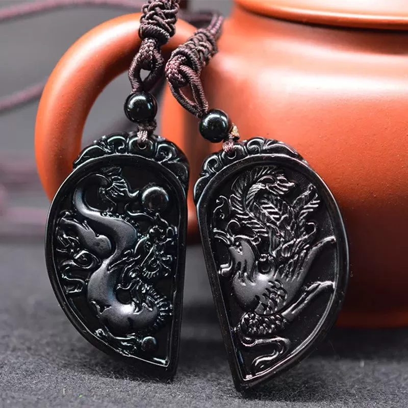 Dragon Phoenix Pendant Yin Yang Obsidian 2 Necklaces Couple Set