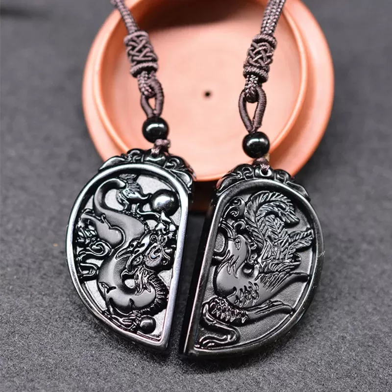 Dragon Phoenix Pendant Yin Yang Obsidian 2 Necklaces Couple Set