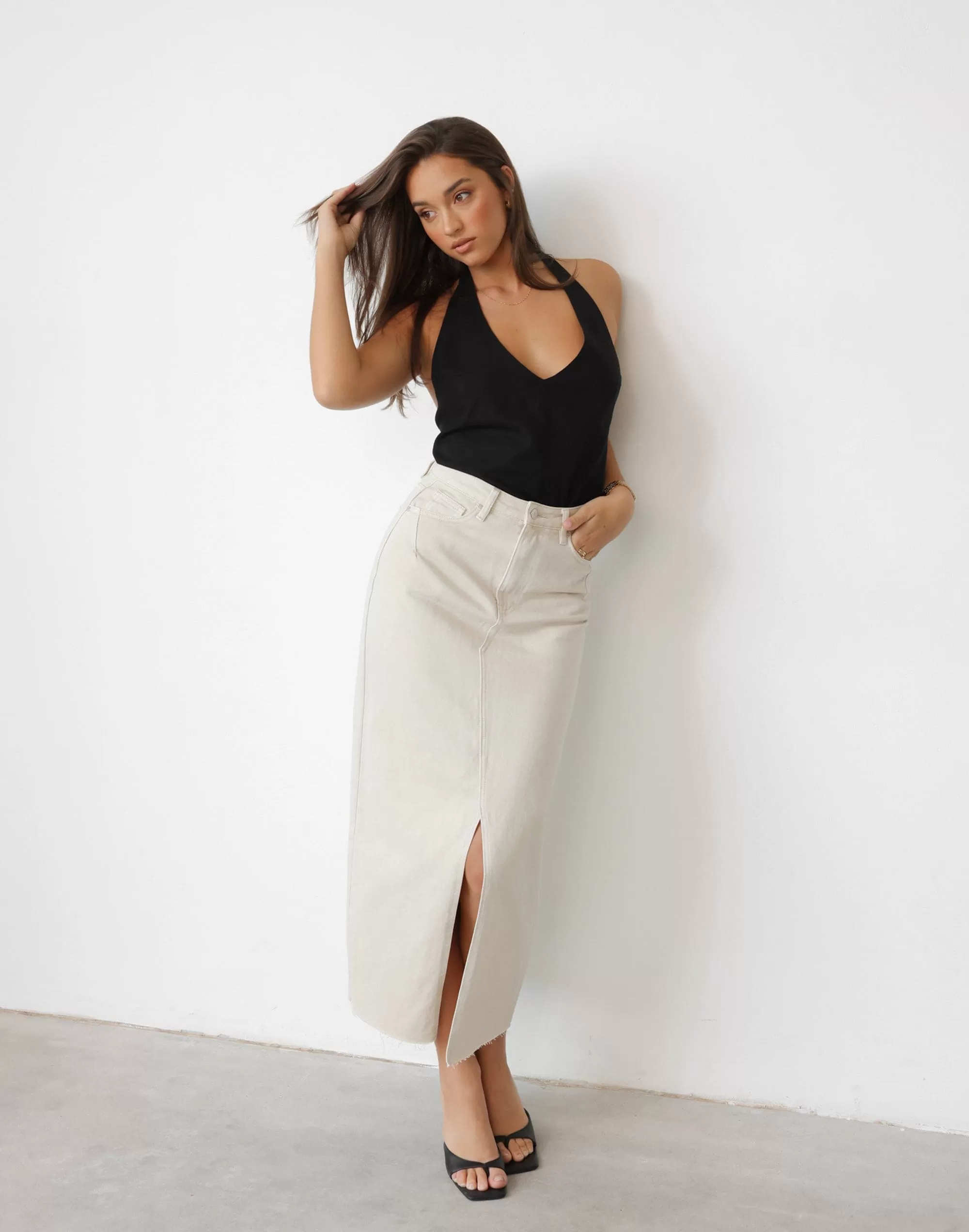 Drew Denim Midi Skirt (Latte)