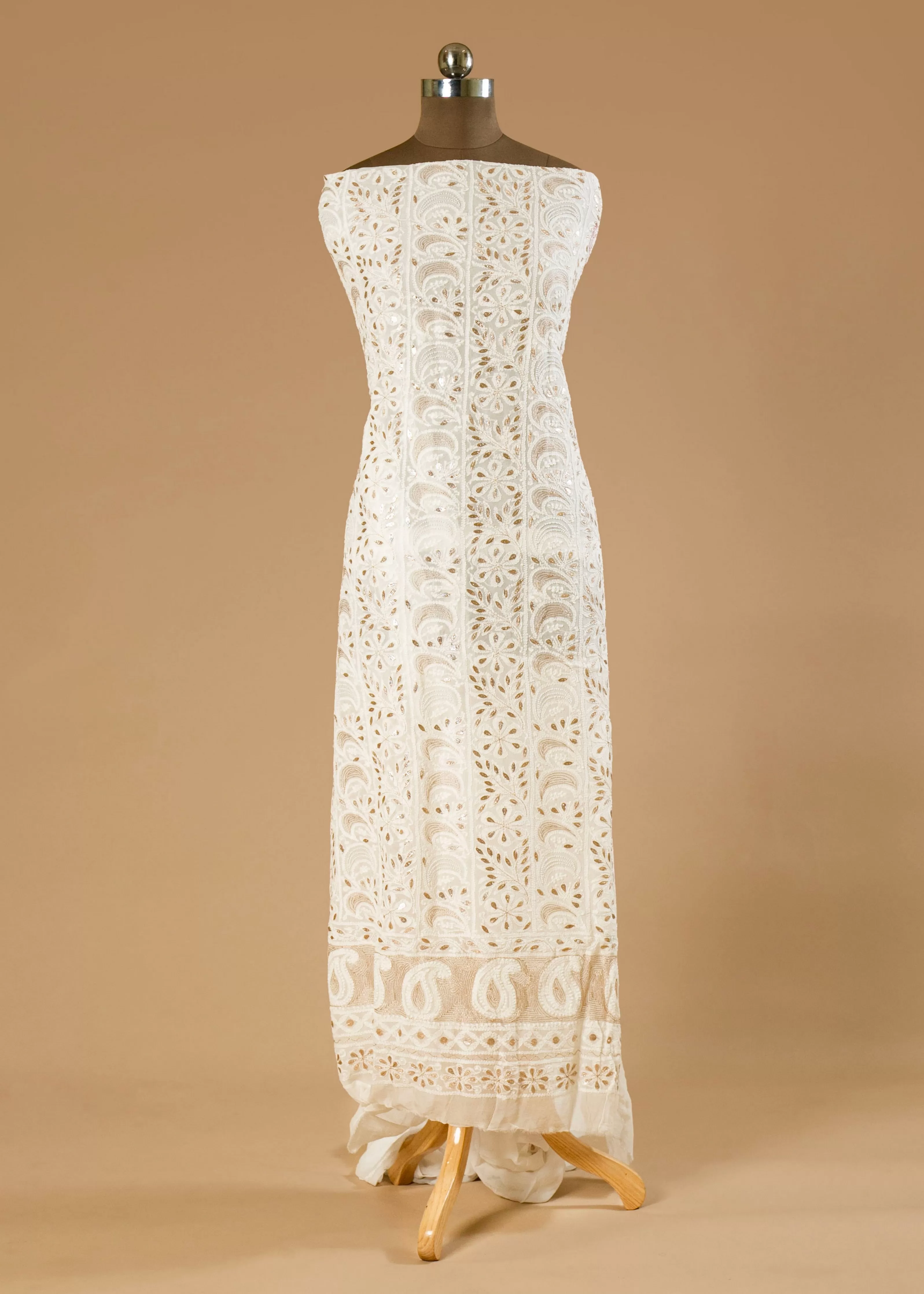 Dyeable Hand-Embroidered Chikankari Lucknowi Suit with Pearl, Gota, and Shadow Work