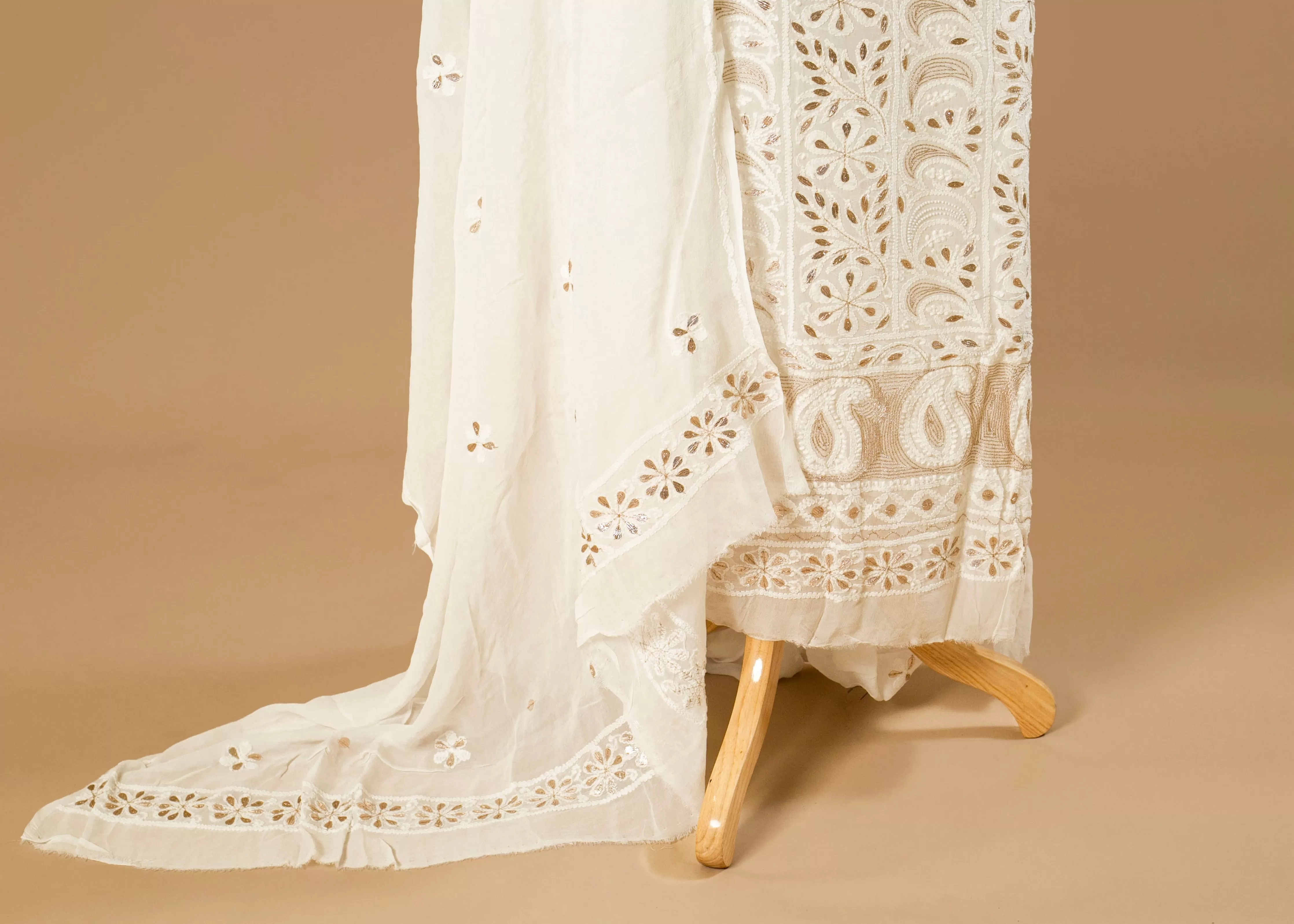 Dyeable Hand-Embroidered Chikankari Lucknowi Suit with Pearl, Gota, and Shadow Work