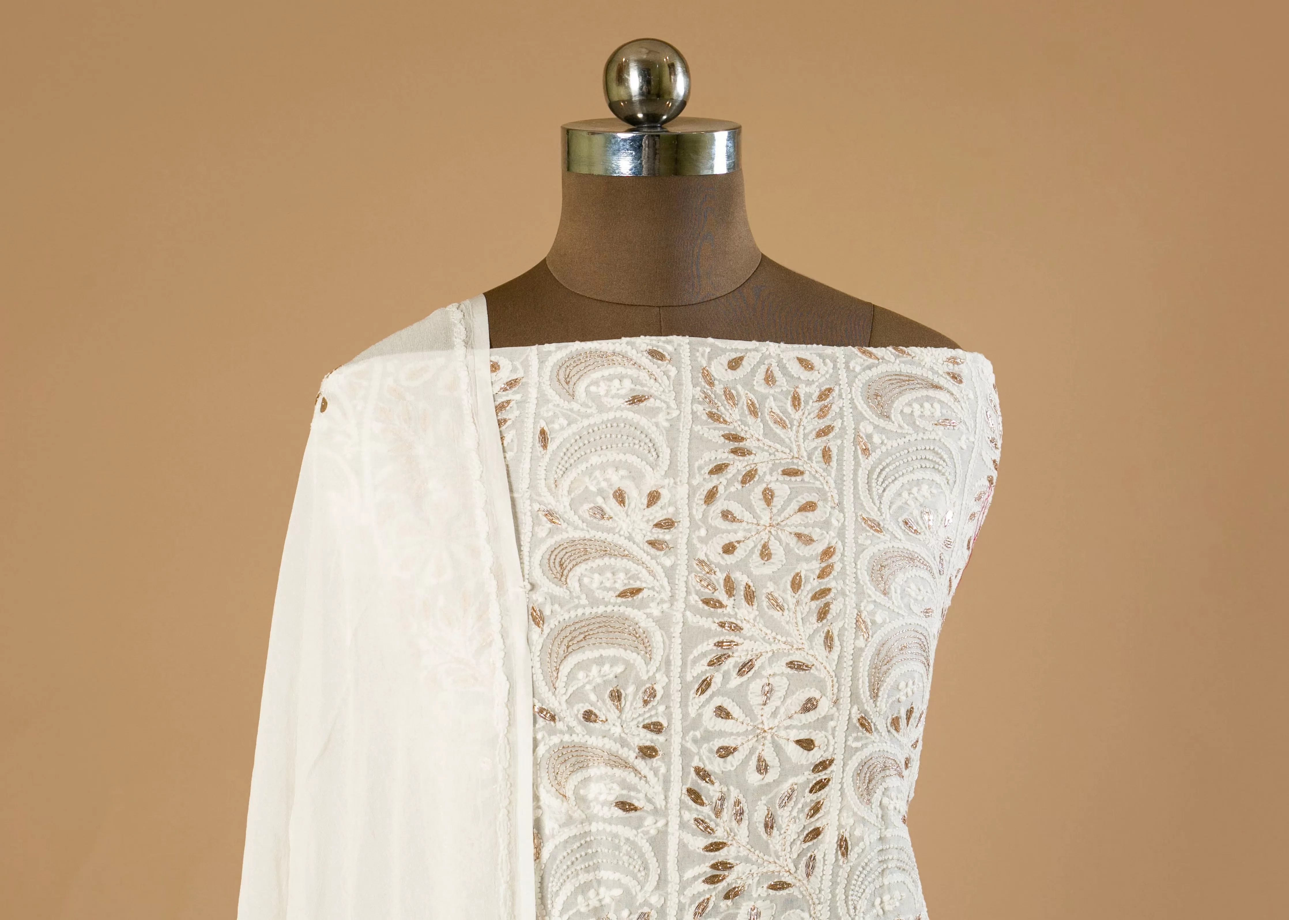 Dyeable Hand-Embroidered Chikankari Lucknowi Suit with Pearl, Gota, and Shadow Work