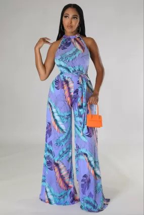 Edena Venechia Print Halter Neck Sleeveless Wide Leg  Jumpsuit