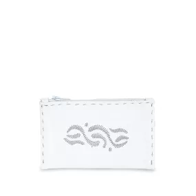 Embroidered Leather Coin Wallet in White, Silver