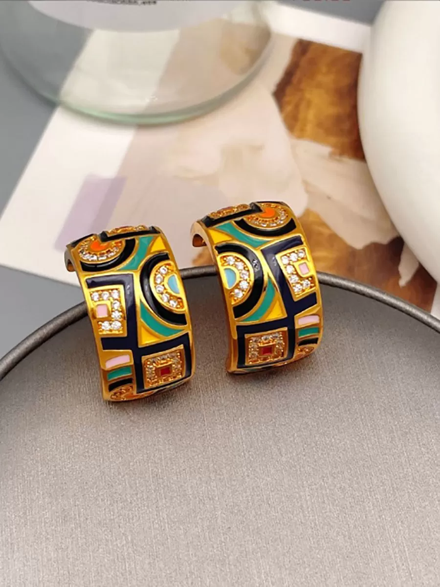 Ethnic Sliver Geometric Brass Enamel Glaze Earrings