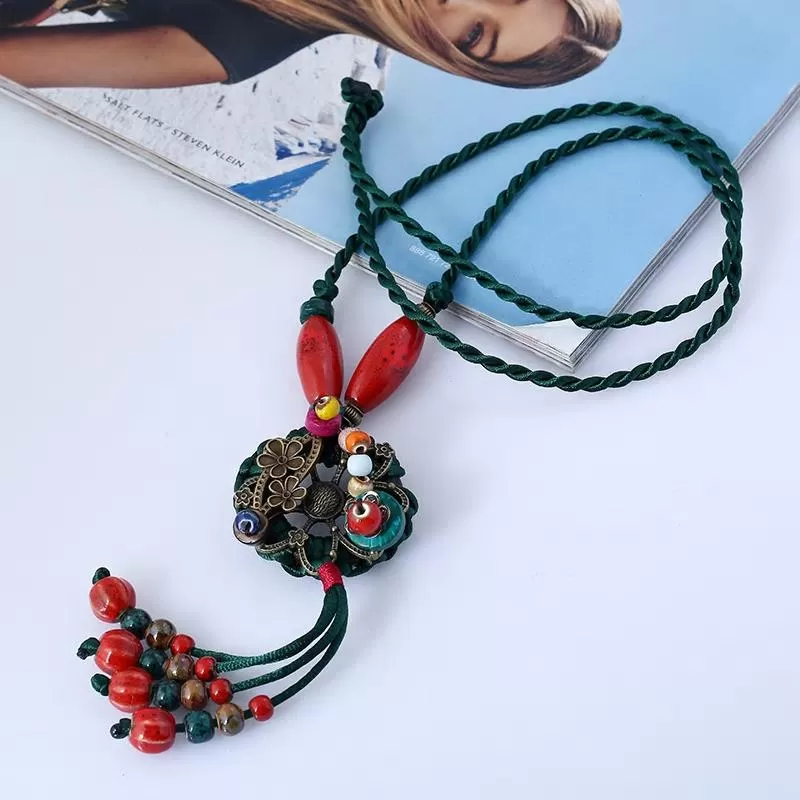 Ethnic Style Ceramic  Chain Handmade Long  Retro Necklace- 2 Colors