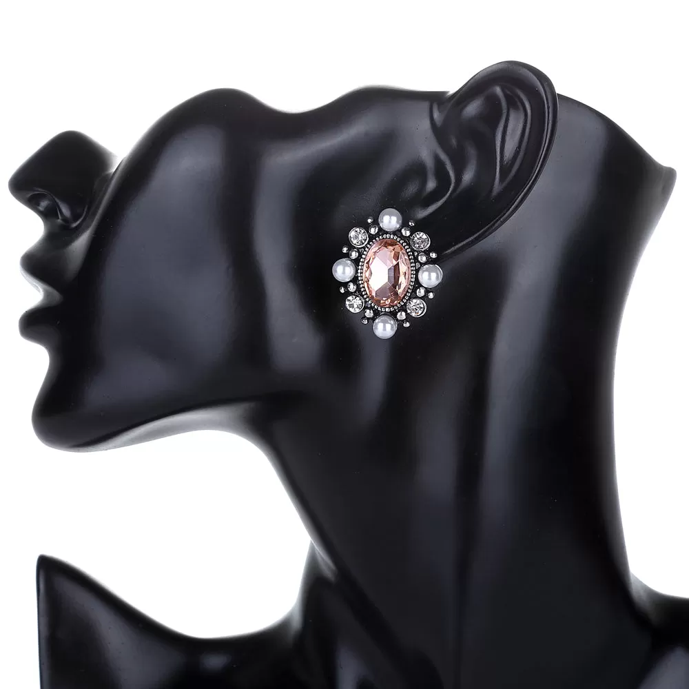 Floral Crystal Stud Pearl Earring - 2 Colors