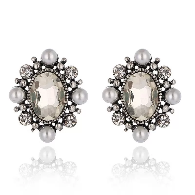 Floral Crystal Stud Pearl Earring - 2 Colors