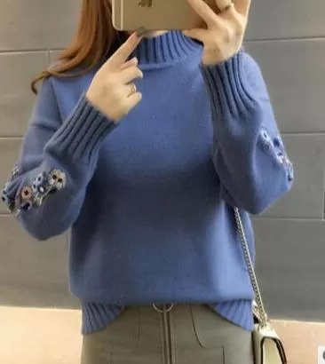 Floral Sleeves Turtleneck Women Sweater