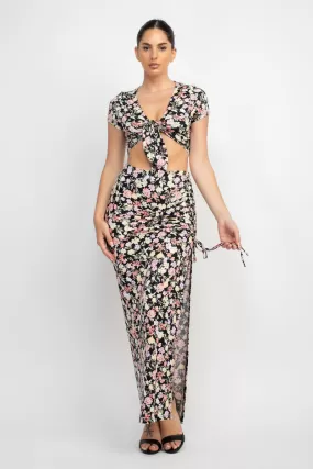 Front Knot Floral Top & Ruched Maxi Skirts Set