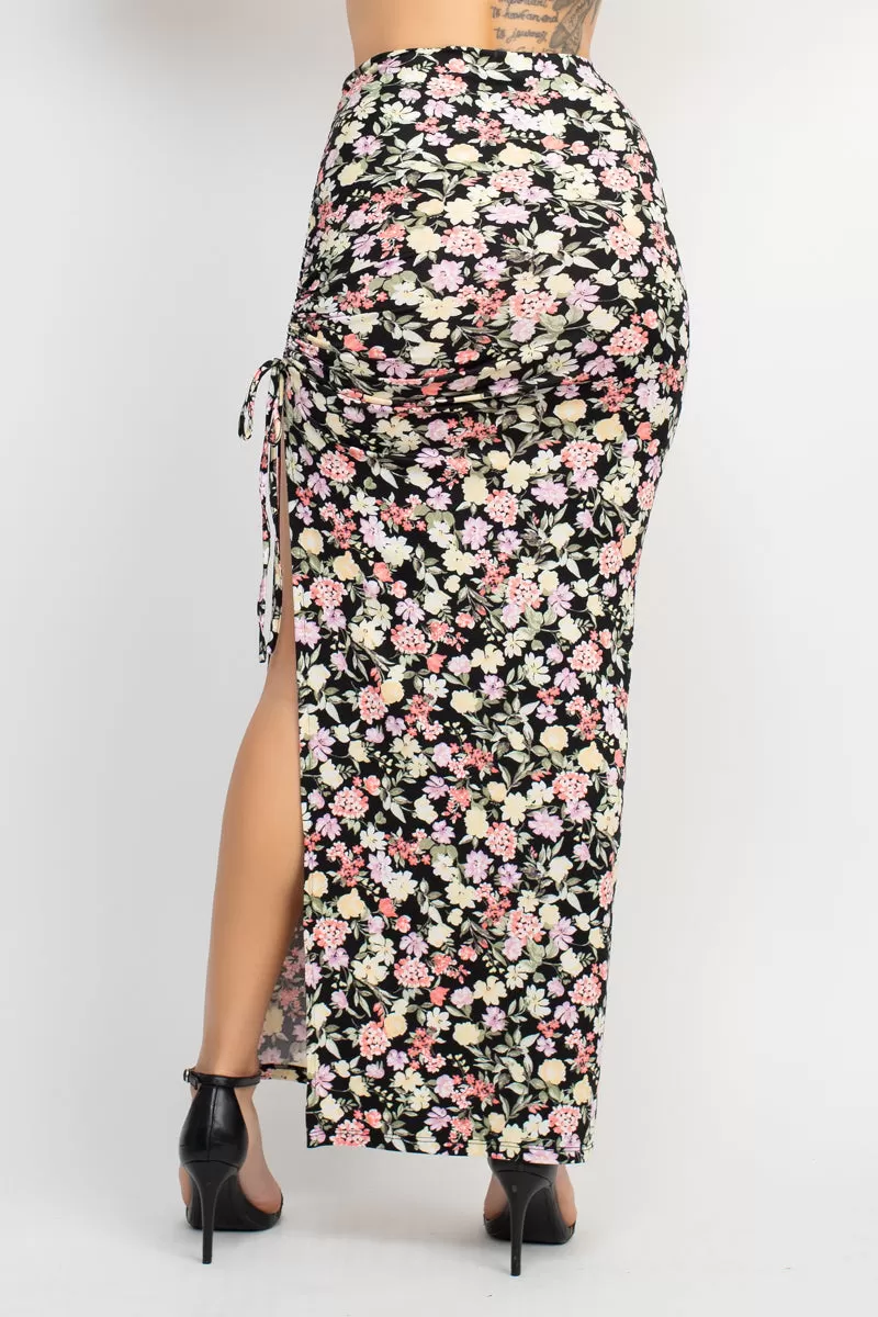 Front Knot Floral Top & Ruched Maxi Skirts Set