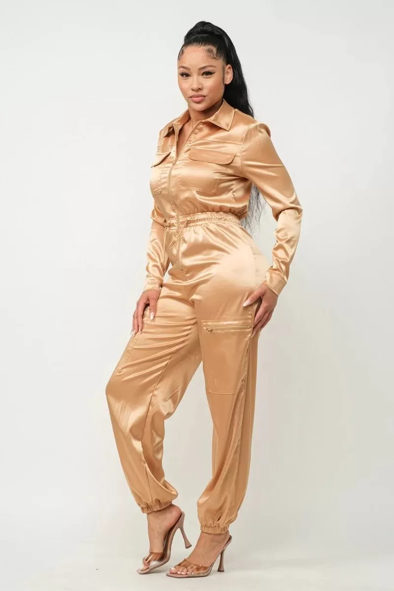 Front Zipper Pockets Top And Pants Jumpsuit