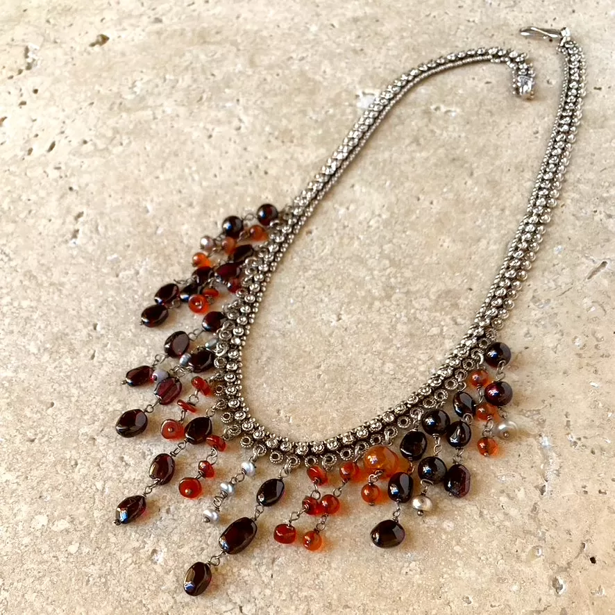 Garnet, Carnelian & Pearl Beaded Silver Necklace