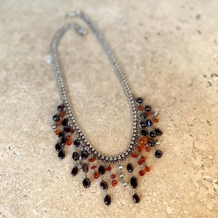 Garnet, Carnelian & Pearl Beaded Silver Necklace