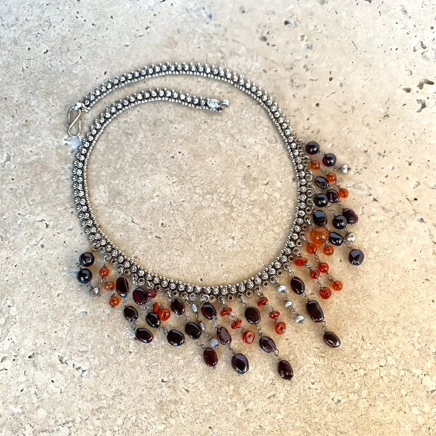 Garnet, Carnelian & Pearl Beaded Silver Necklace