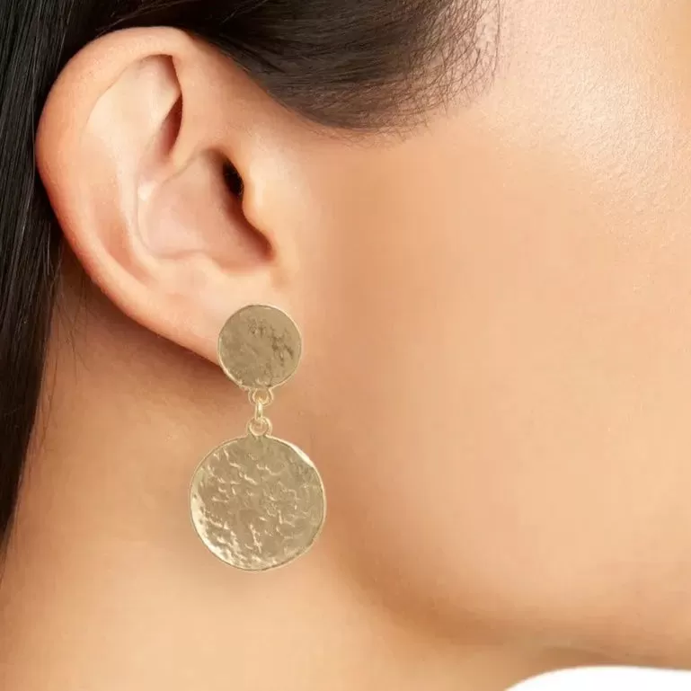 Hammered flat coin drop clip-on earrings