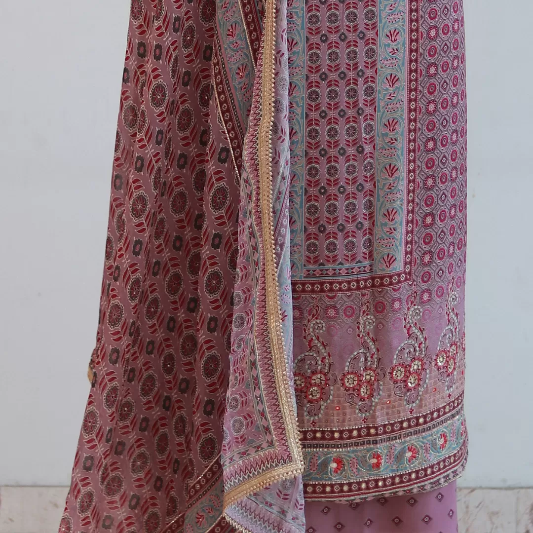 Hand-Embroidered Pink Crepe Suit with Designer Embroidery and Digital Print