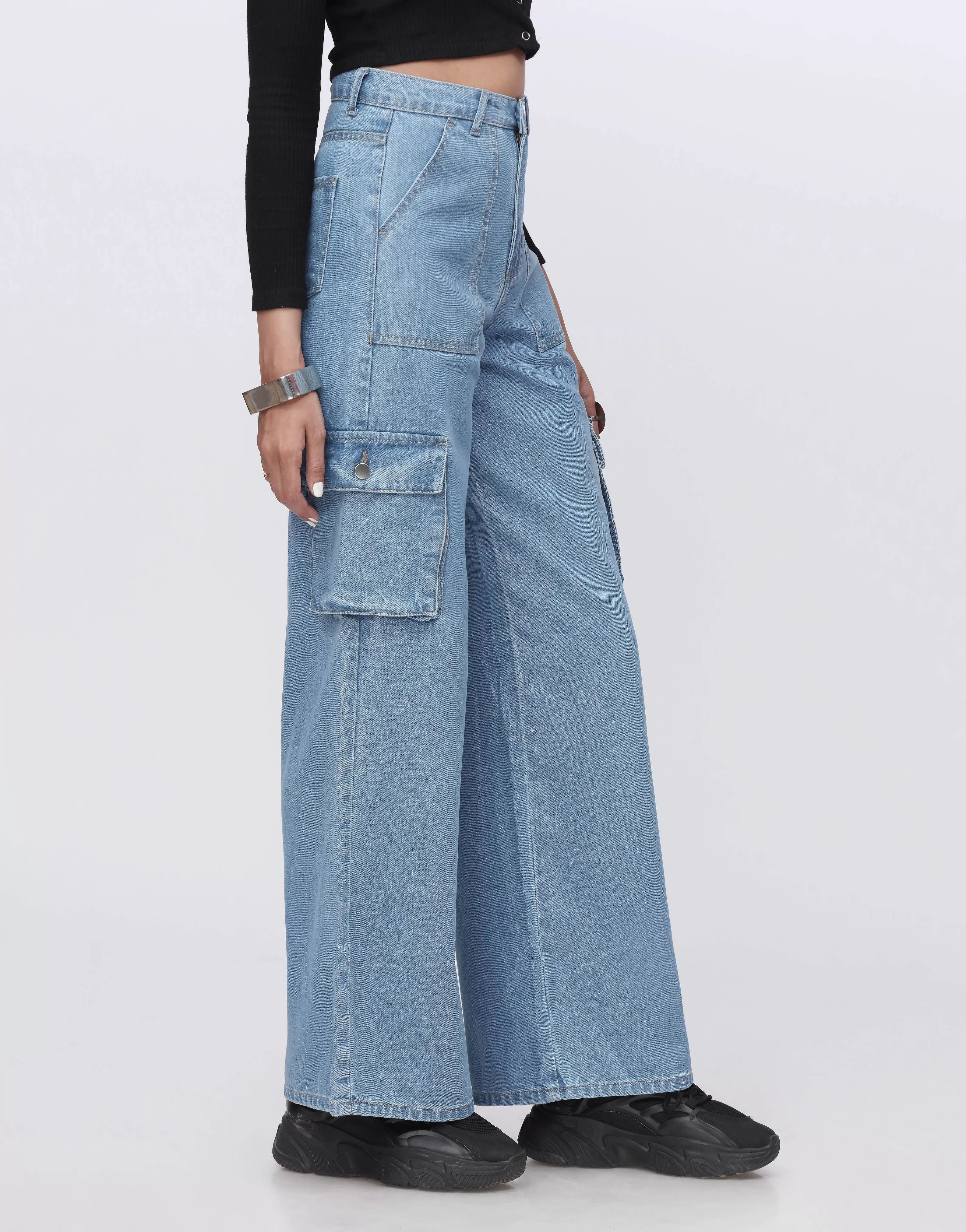 High Rise Wide Leg Flap Pocket Cargo Jeans Mid Blue