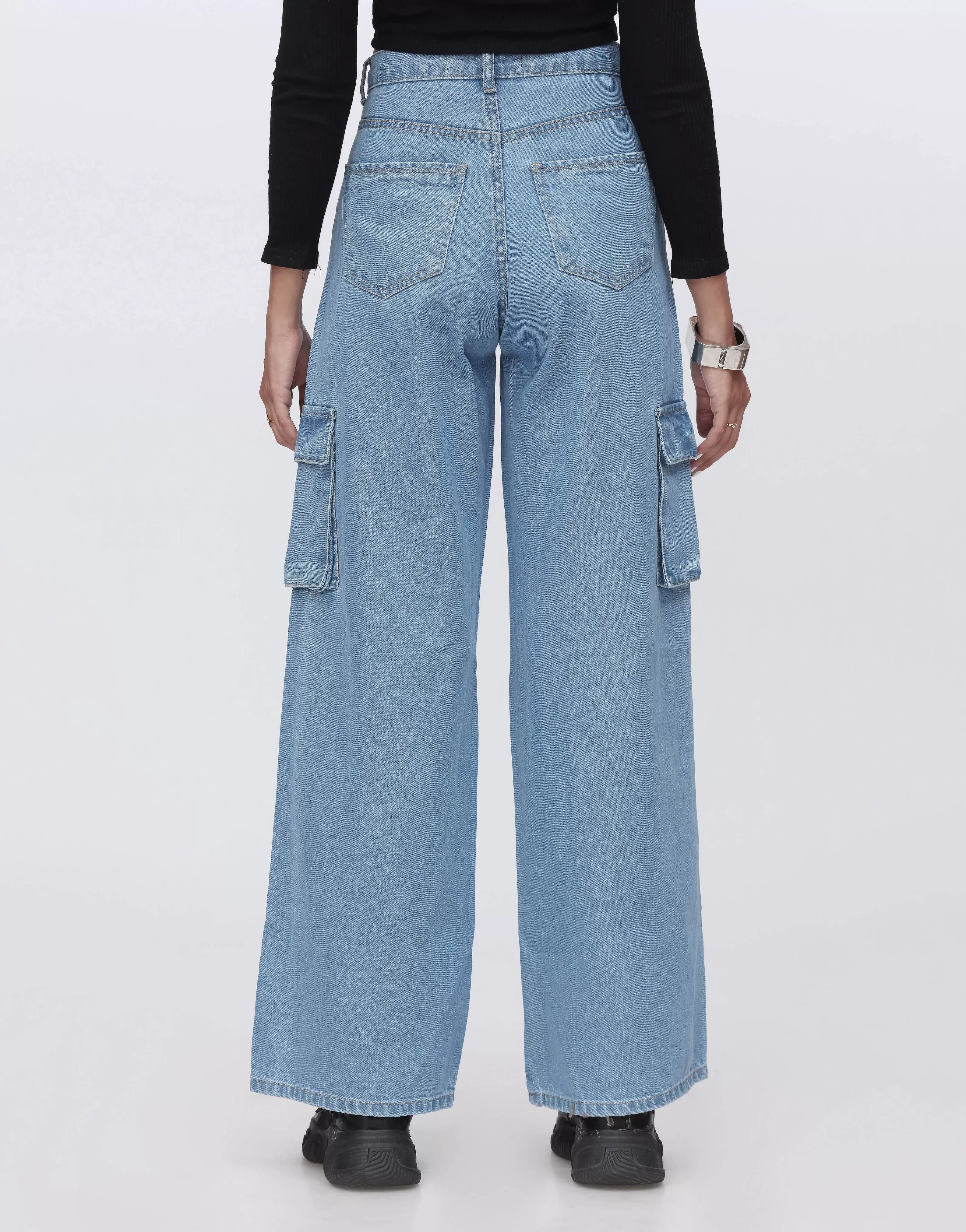 High Rise Wide Leg Flap Pocket Cargo Jeans Mid Blue