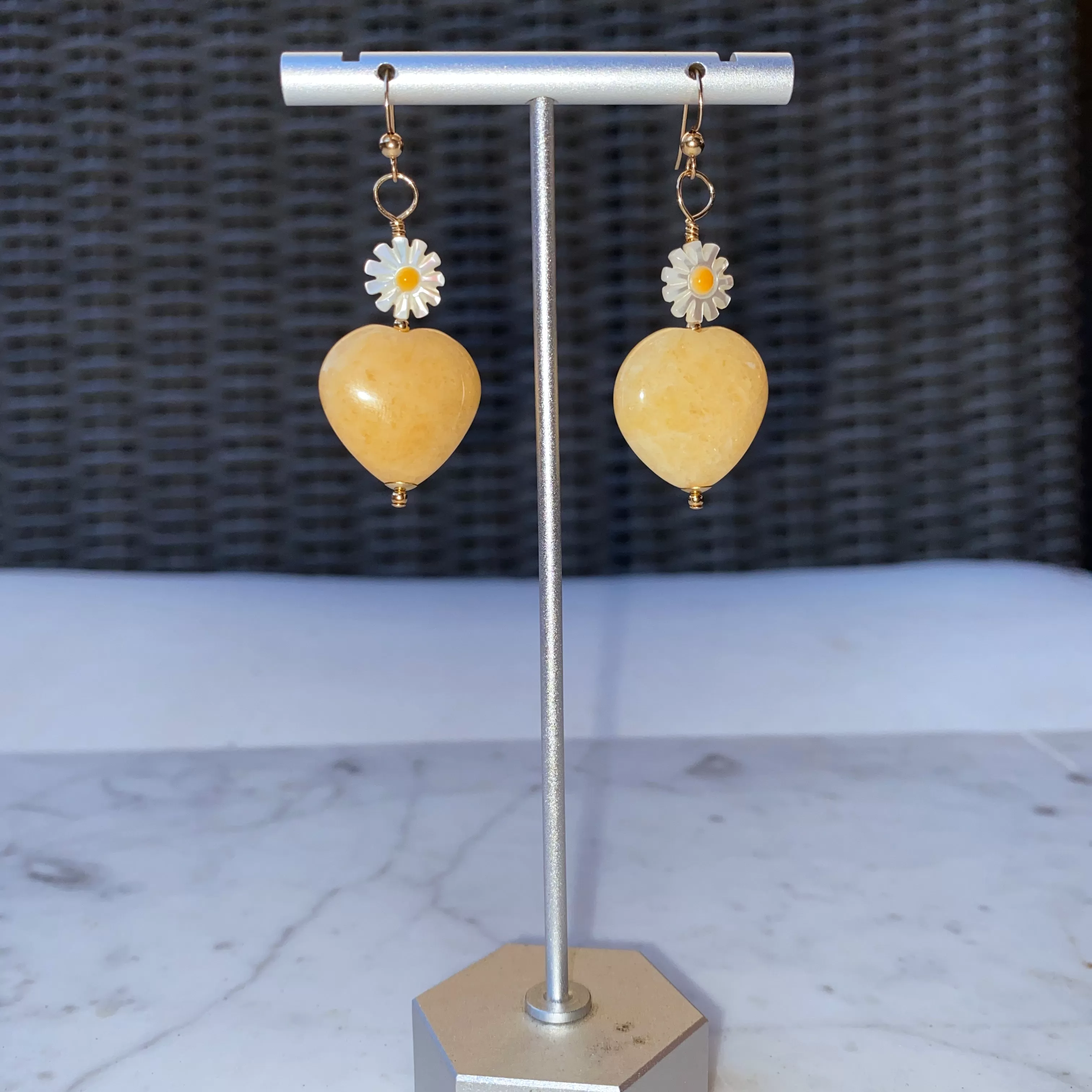 Honey Jasper gemstone Heart and Mother of Pearl Daisy Drop Earrings