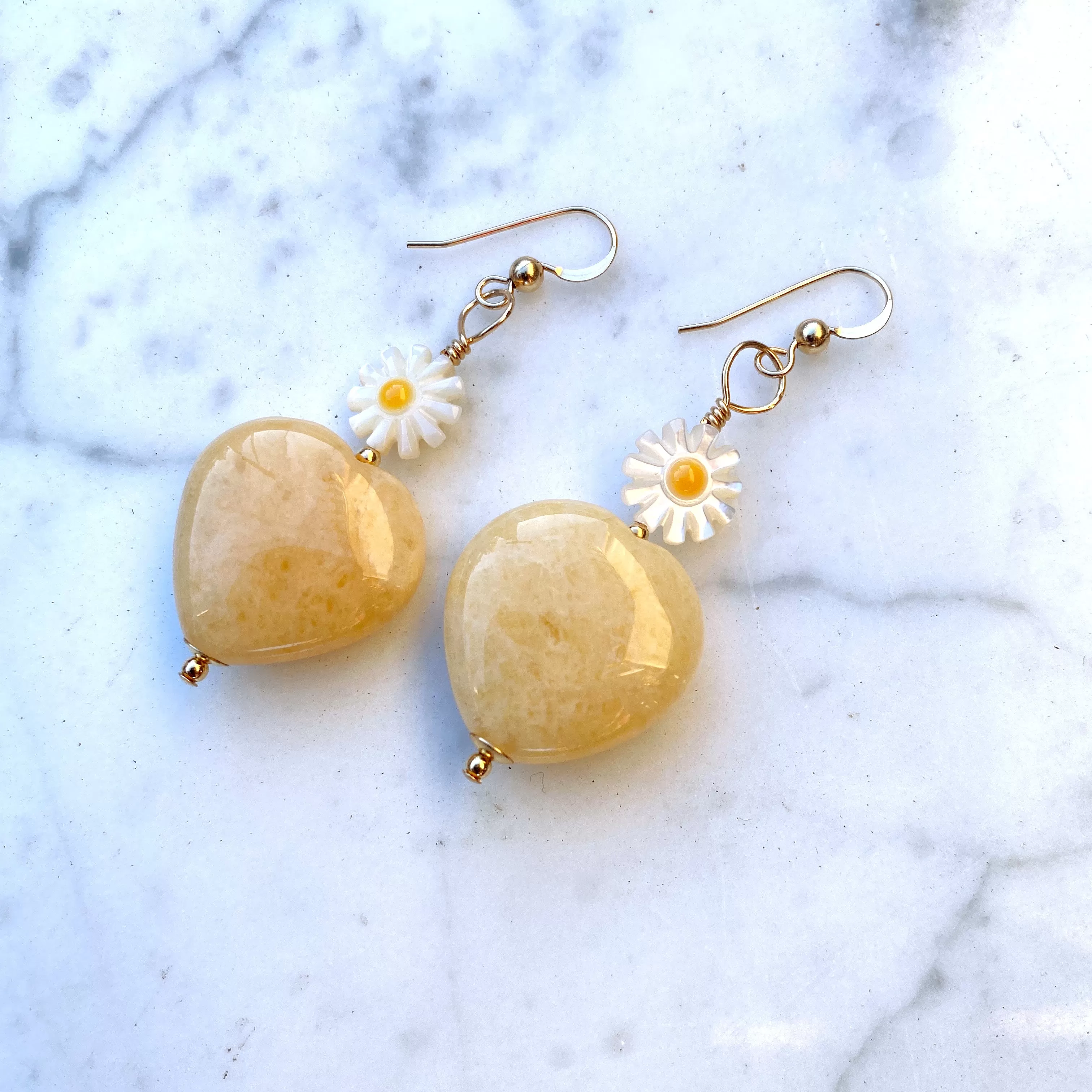 Honey Jasper gemstone Heart and Mother of Pearl Daisy Drop Earrings