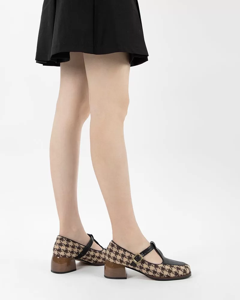 Houndstooth Chunky Block Heel Mary Janes Pumps