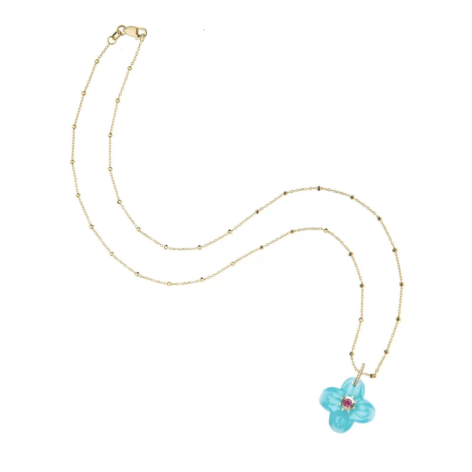 JW x House of Harris JOY Aqua Calcedony Carved Dogwood Pendant in Solid Gold