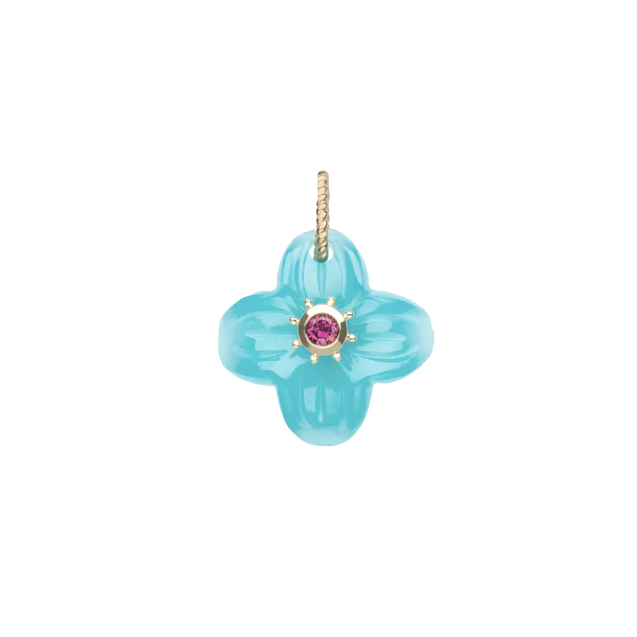 JW x House of Harris JOY Aqua Calcedony Carved Dogwood Pendant in Solid Gold