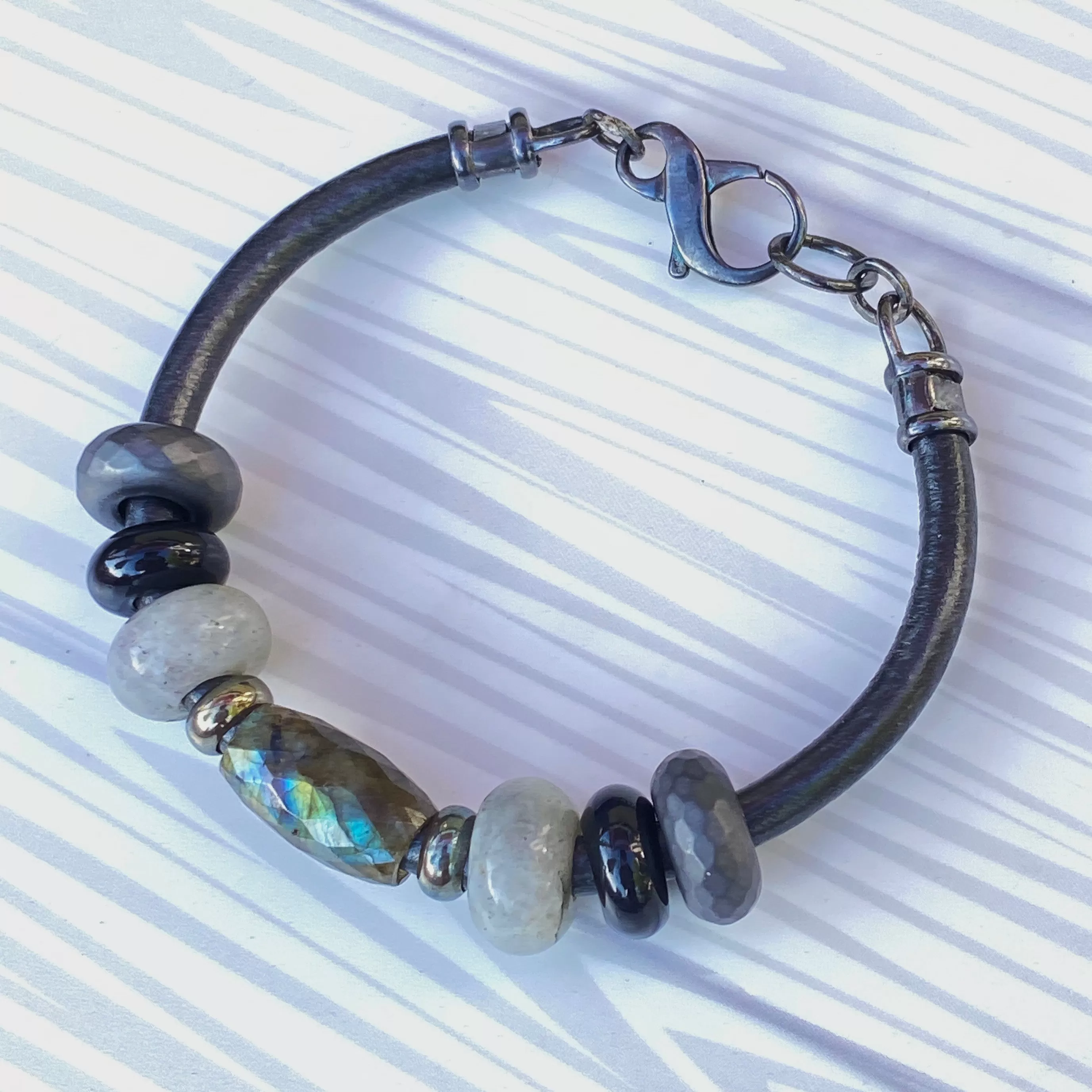 Labradorite gemstone Leather Bracelet with Hematite and Black Obsidian