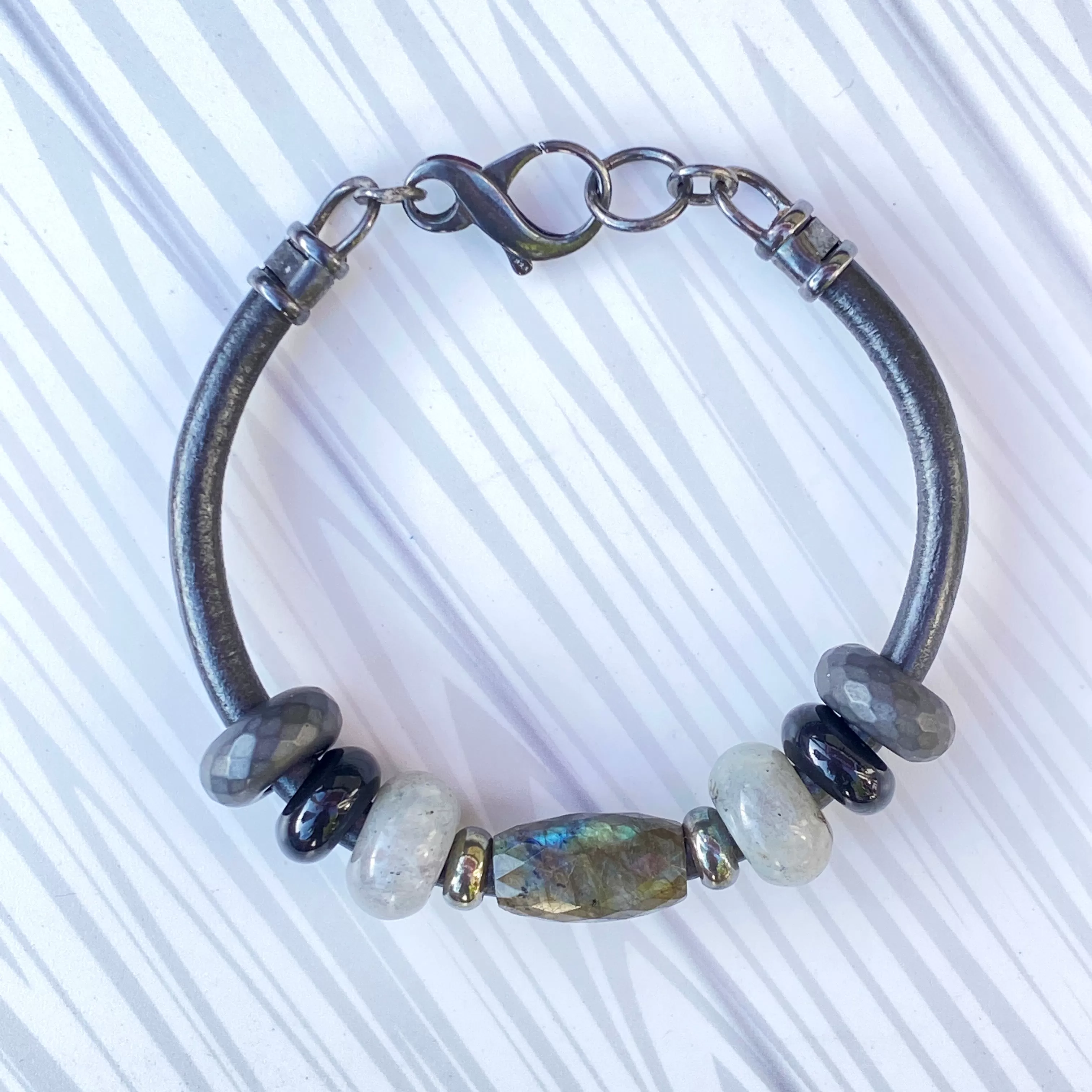 Labradorite gemstone Leather Bracelet with Hematite and Black Obsidian