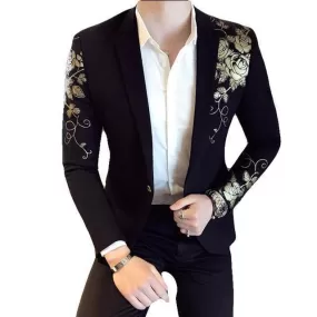 Men Blazer - Floral Gold Print Casual Blazer