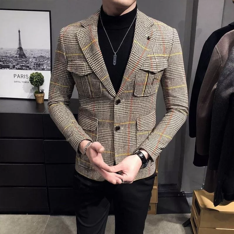 Men Blazer - Plaid Houndstooth Blazer