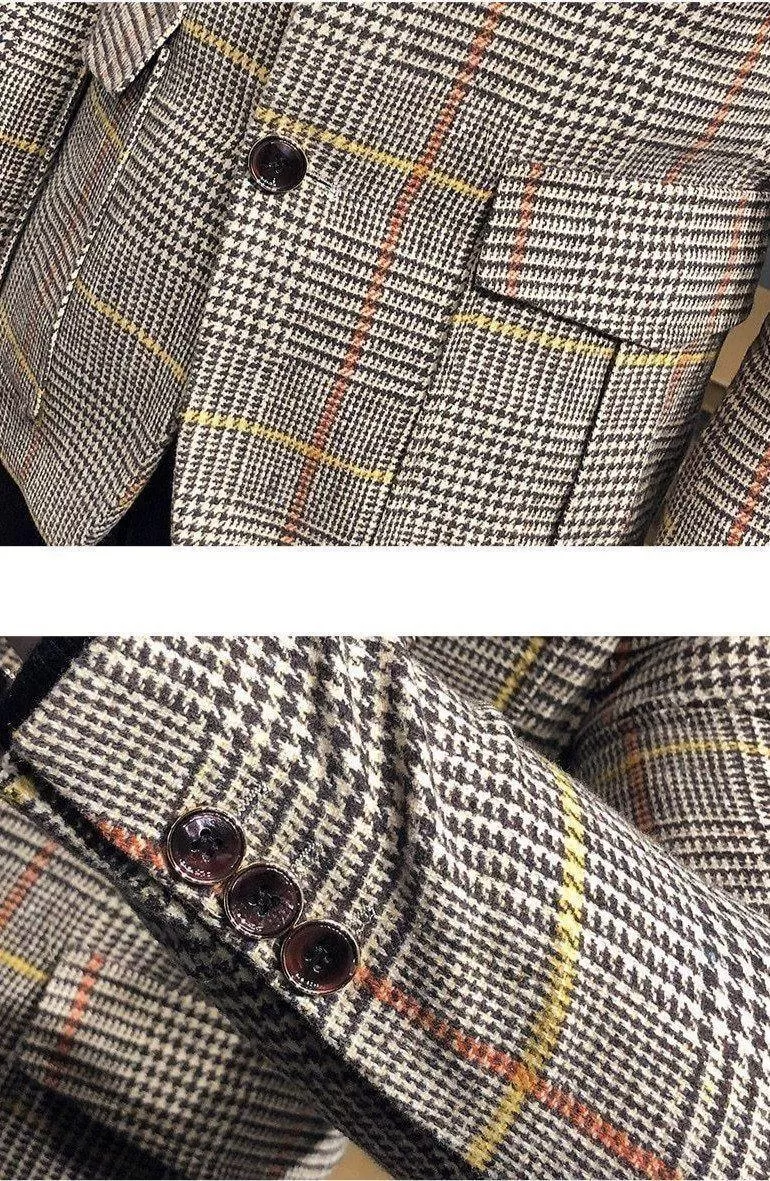 Men Blazer - Plaid Houndstooth Blazer