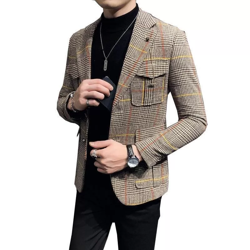 Men Blazer - Plaid Houndstooth Blazer