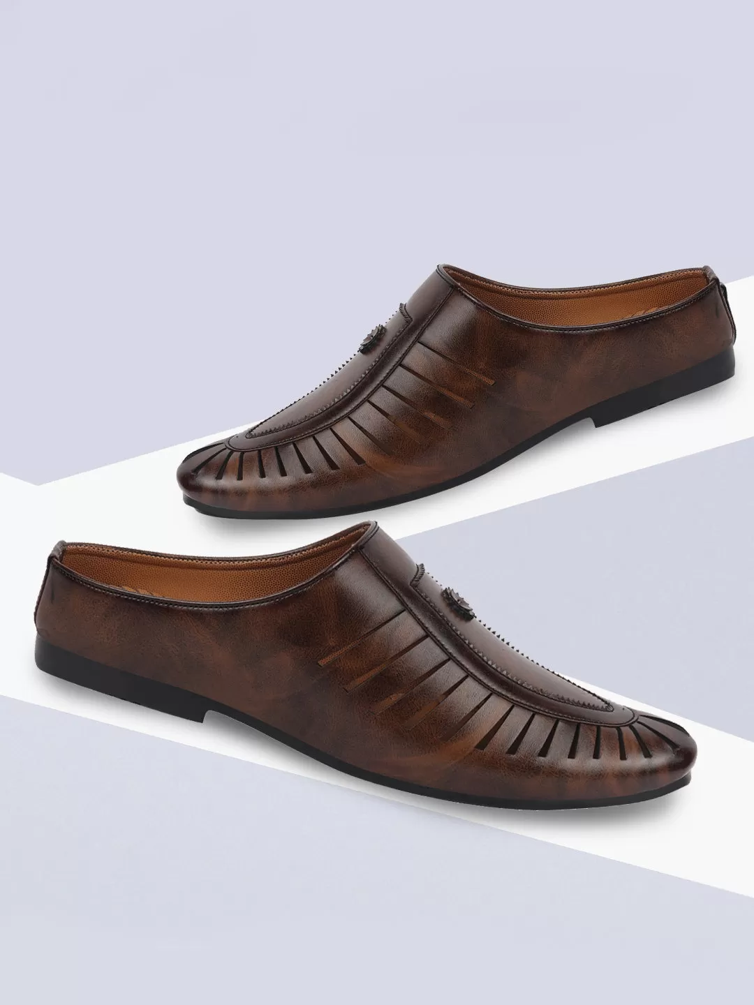 Men Brown Back Open Laser Cut Ethnic Juttis & Mojaris