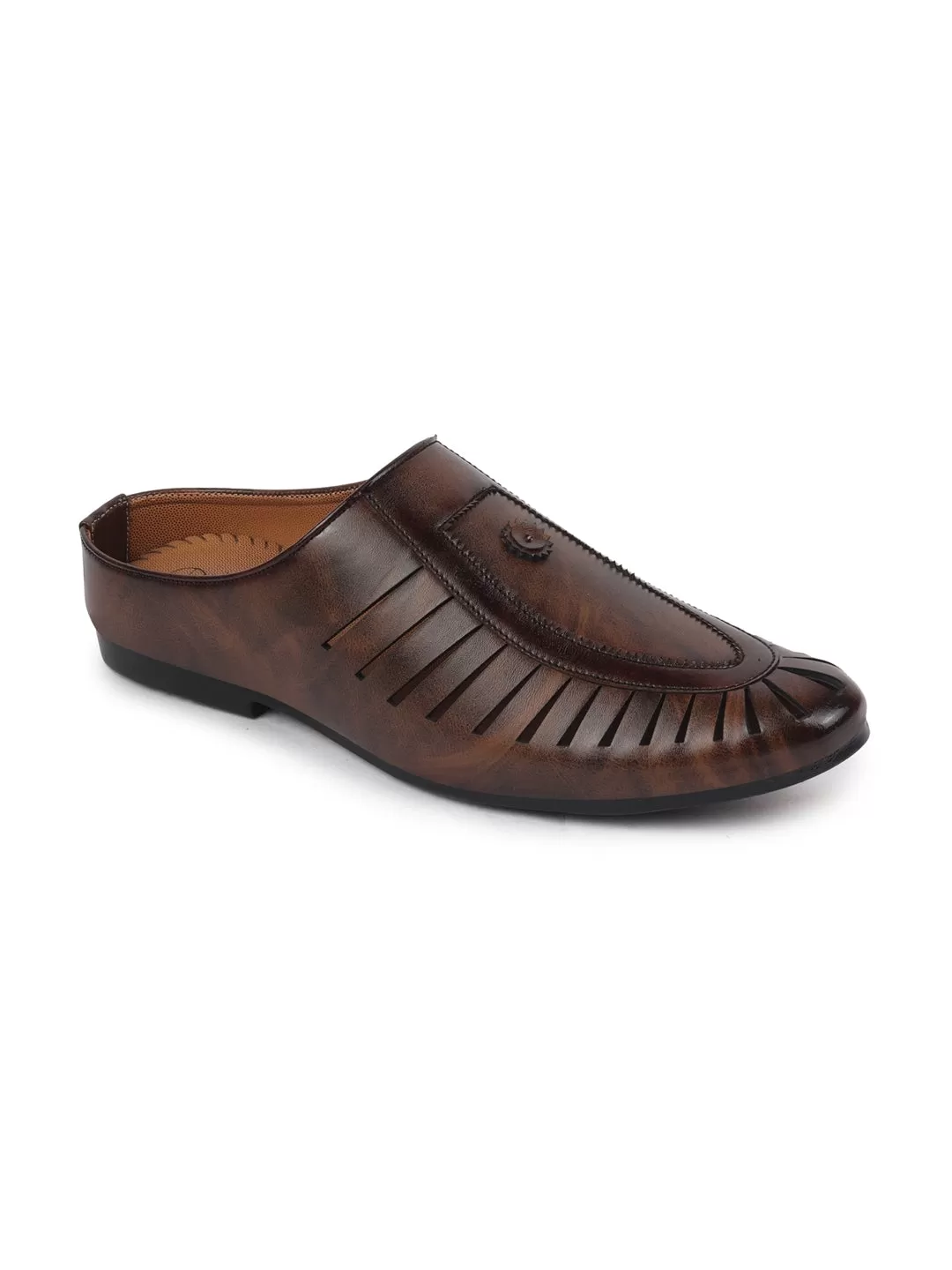 Men Brown Back Open Laser Cut Ethnic Juttis & Mojaris