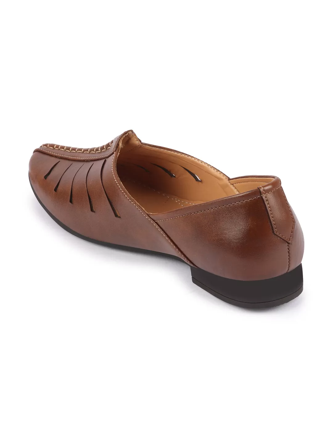 Men Brown Ethnic Wedding Party Laser Cut Design Slip On Juttis and Mojaris