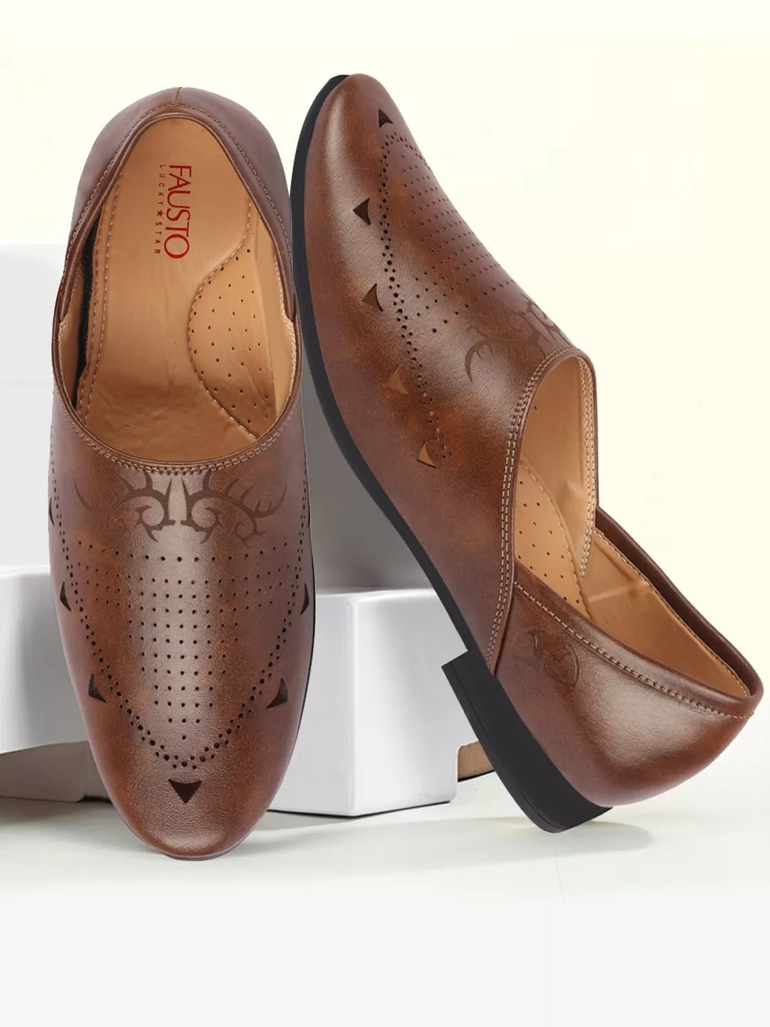 Men Brown Ethnic Wedding Party Laser Cut Perforated Design Slip On Juttis and Mojaris