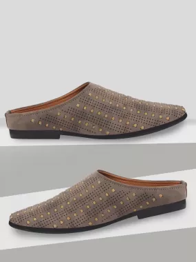 Men Grey Back Open Hand Knitted Ethnic Mules Wedding Shoes