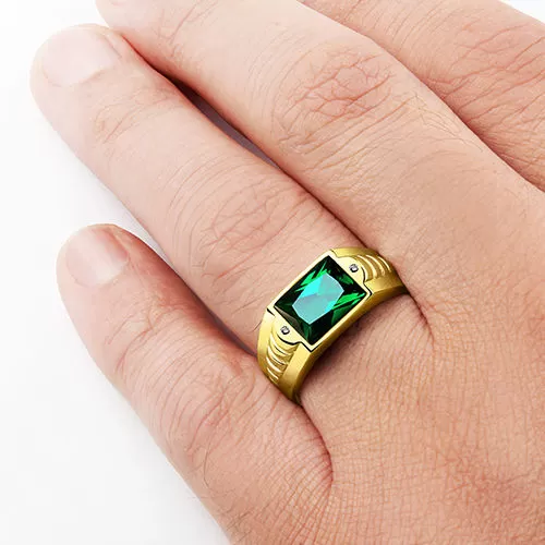 Men's Solid 10K Gold Ring Green Emerald Gemstone with Diamond Accents