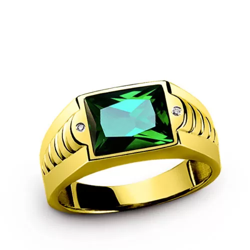 Men's Solid 10K Gold Ring Green Emerald Gemstone with Diamond Accents