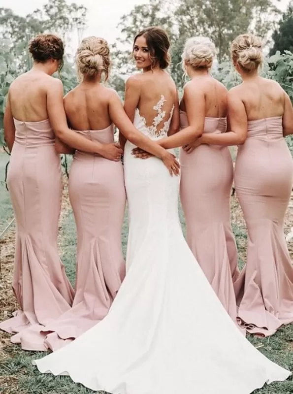 Mermaid Sweetheart Sleeveless Sweep Train Blush Satin Bridesmaid Dress