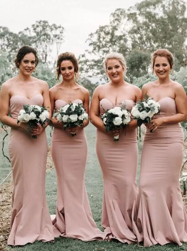 Mermaid Sweetheart Sleeveless Sweep Train Blush Satin Bridesmaid Dress