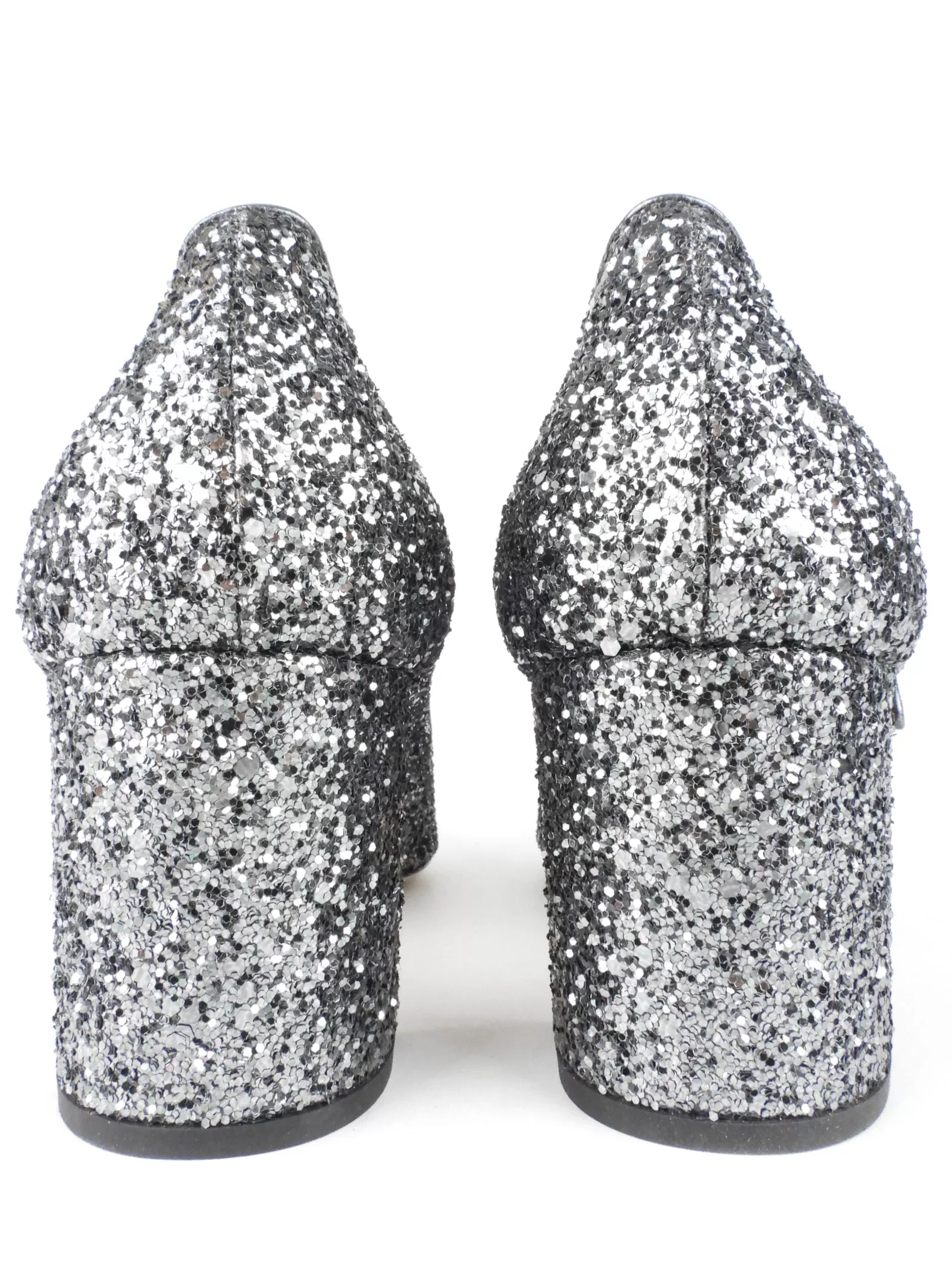 Miu Miu Gunmetal Glitter Leather Mary Jane Block Heel Shoes - 39